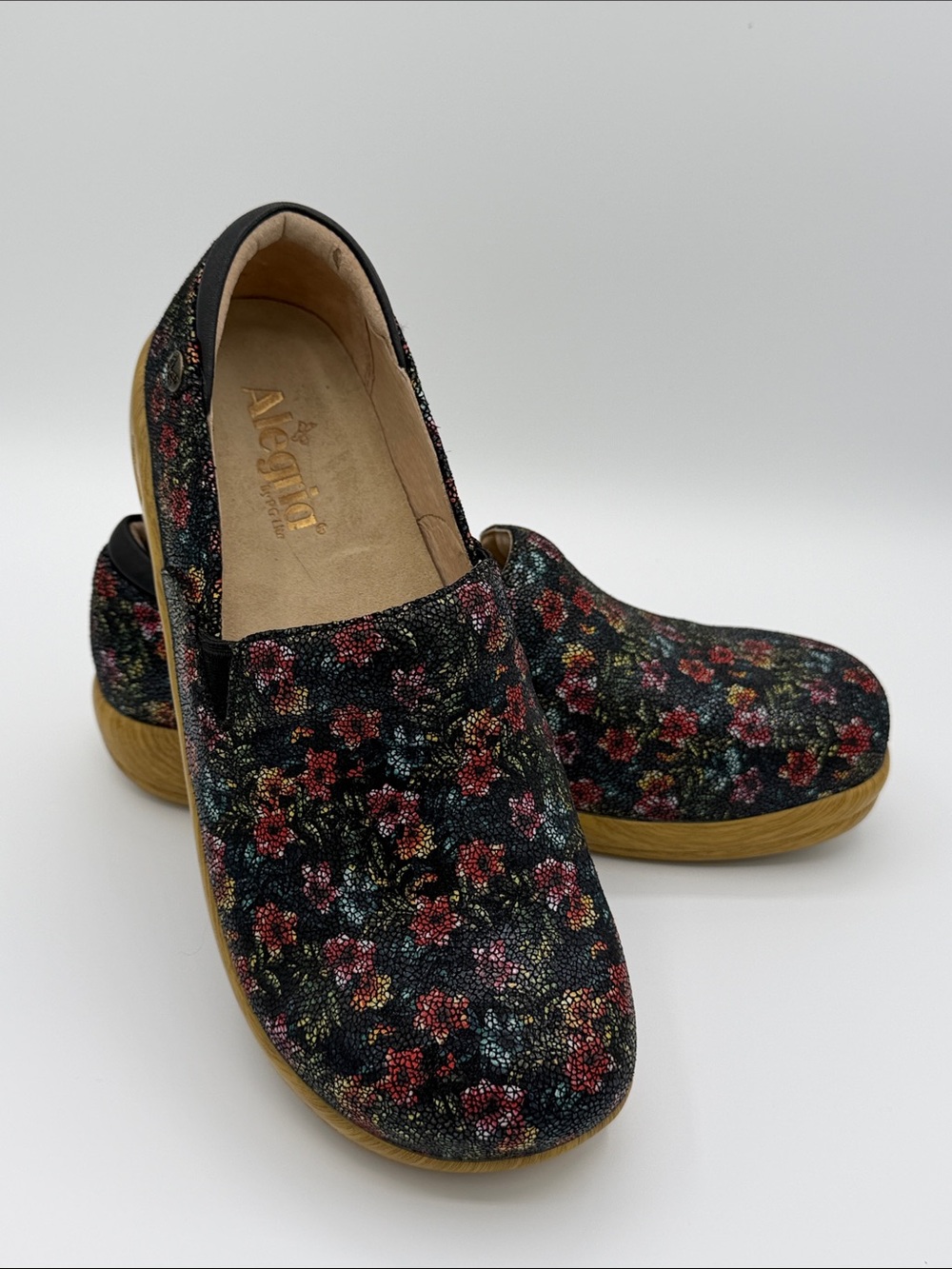 Alegria Black Floral Slip-On Leather Loafers